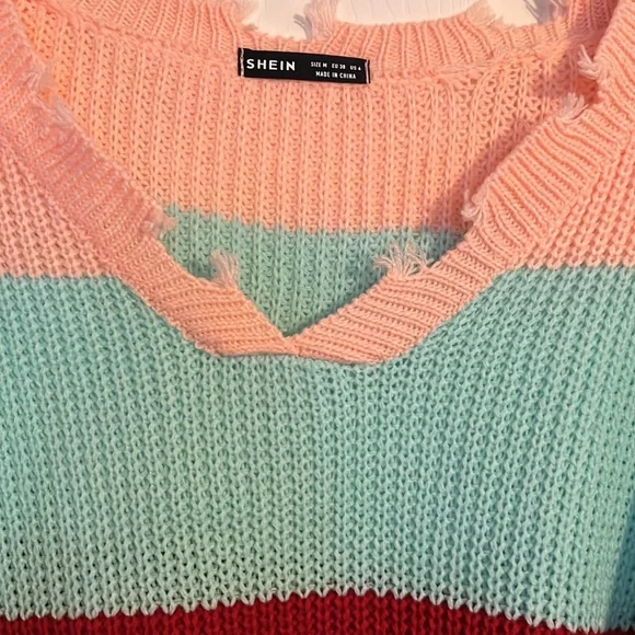 Shein Peach Blue Multi Color Frayed Stripe Sweater Top NWOT - Picture 4 of 11